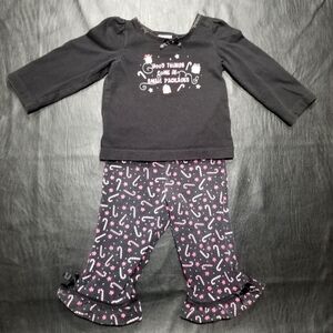2 piece black long sleeve & candy cane ruffle leggings Christmas outfit 12 mo